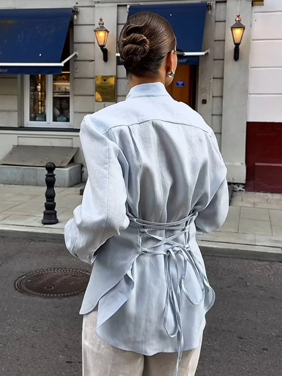 New Autumn Tie Belted Shirt Women's  Floating Ribbon Cardigan Top Commuting 100% Cotton Slim Blouse