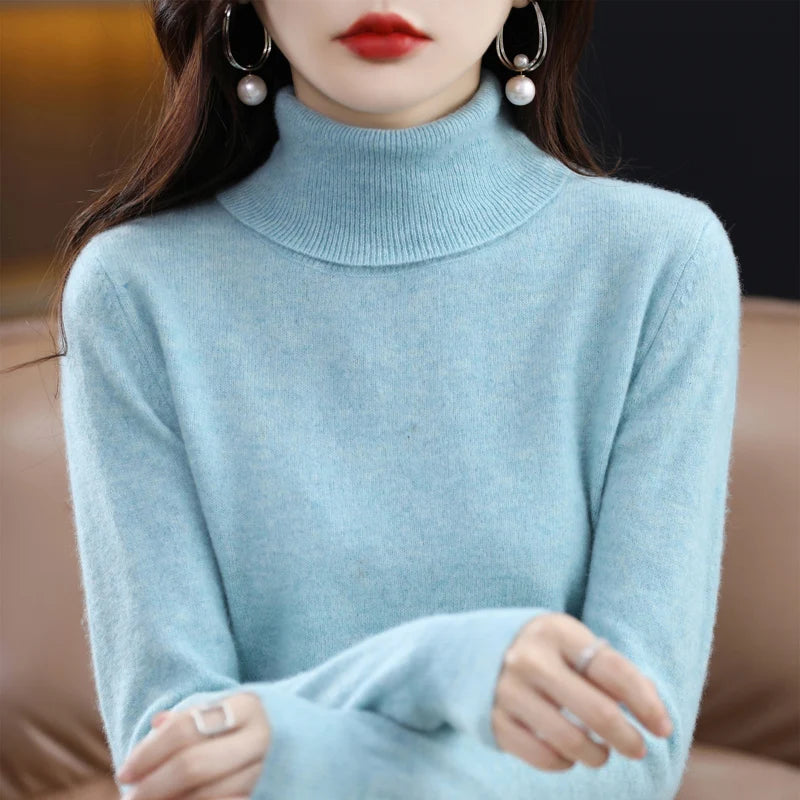 100% Merino Wool Cashmere Sweater Women Knitted Sweater Turtleneck, Long Sleeve Pullovers Autumn/ Winter Clothing