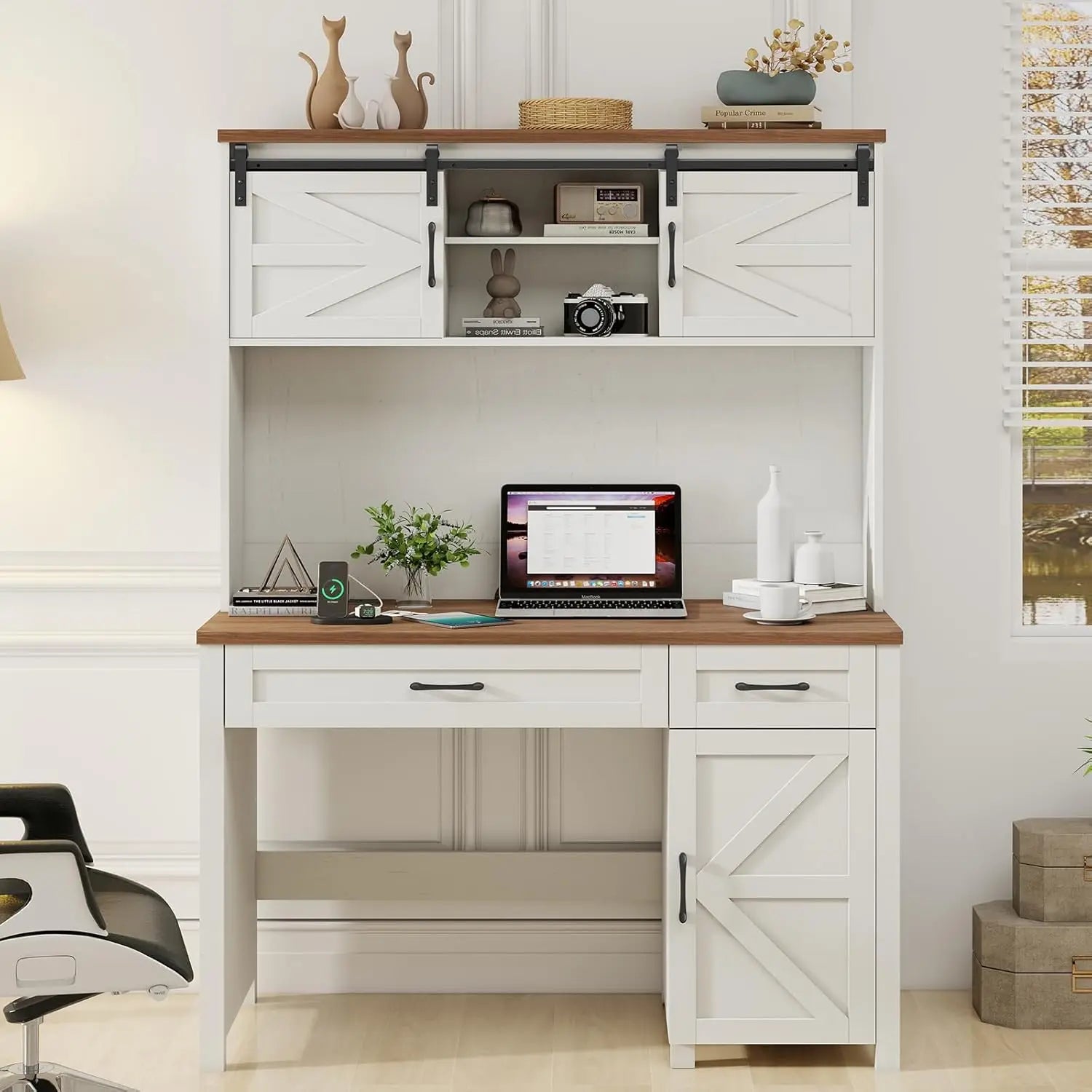 Farmhouse 47" Executive Desk, Computer Desk with Drawers and Storage Cabinet, Home Office Desk with Hutch