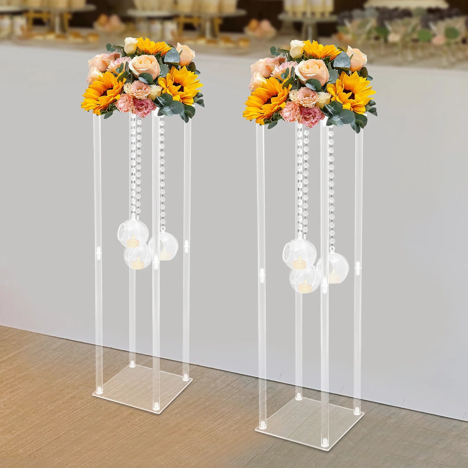 2Pcs Clear Flower Stand Wedding Centerpieces 20*20*80cm with Hanging Candle Holders for Banquet, Festival, Party Decoration