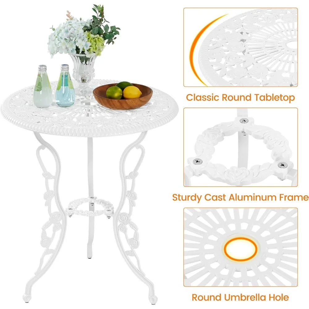 3-Piece Outdoor Bistro Set w/Rose Design, Rust-Resistant Cast Aluminum Table and Chairs w/Umbrella Hole for Balcony/Backyard
