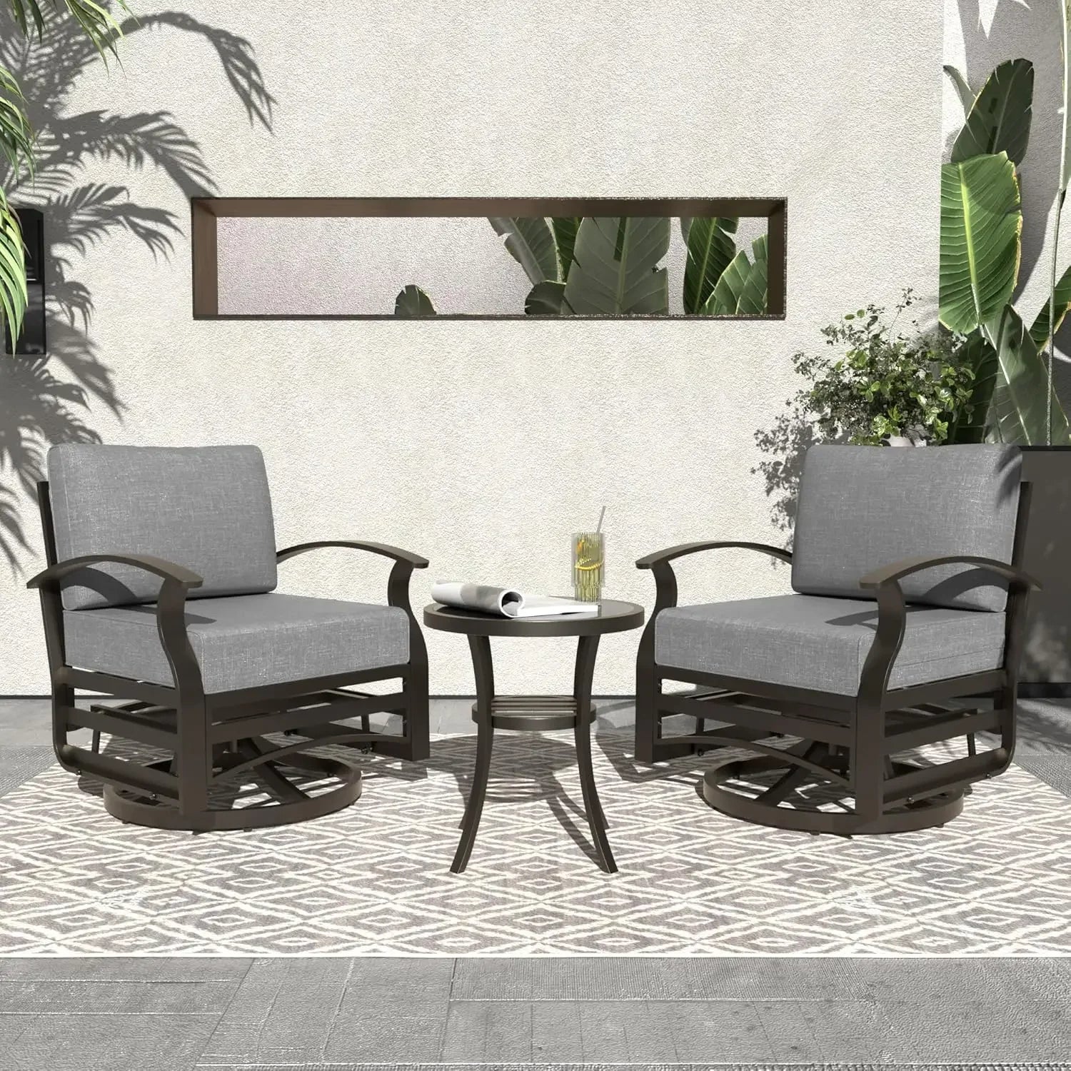 Aluminum Swivel Rocker Patio Chairs w/Thick Cushion, Rocking Chairs with Double Side Table for Balcony Porch/ Patio Pool,