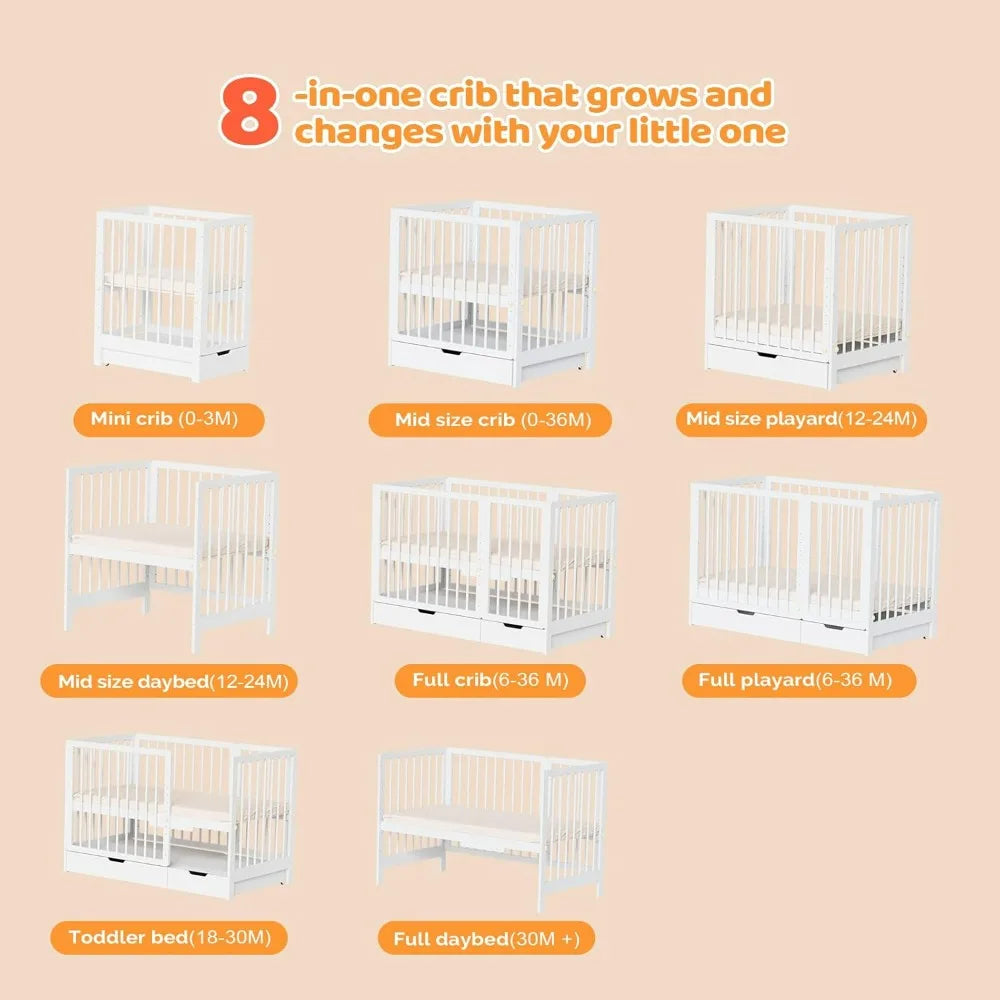 8-in-1 Convertible Crib with Changer, Including 2-Inch Mattress, Transforms into Bassinet, Mid-Sized Crib, Full-Size Crib
