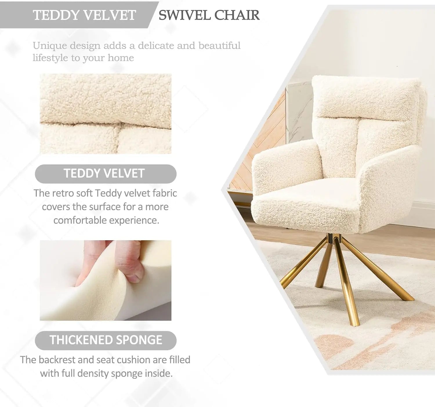 Desk Chair No Wheels 180°Swivel, Makeup Vanity Chair with Gold Legs, Ergonomic Criss Cross Chairs for Any Room