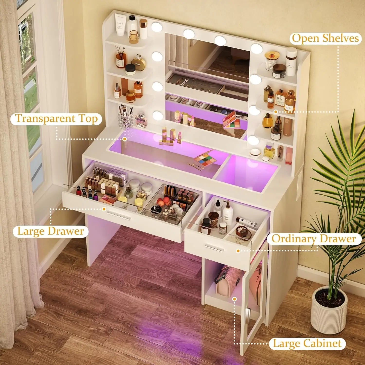 Vanity Desk with Mirror and Lights, Makeup Vanity Desk with Lights 3 Colors, Transparent Top Vanity with 2 RGB Drawers, 6 Shelve