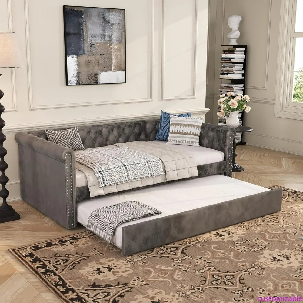 Modern Velvet Daybed with Trundle, Sofa Bed Featuring Tufted Button Design and Curved Armrests for Living Spaces and Bedrooms