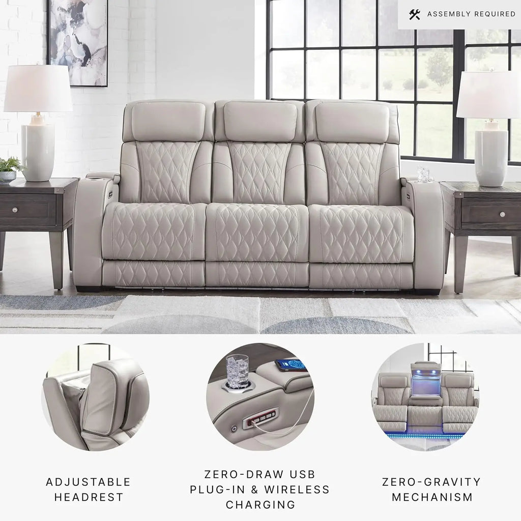 Boyington Contemporary Leather Match Power Reclining Sofa with USB Charging Ports, LED Lights and Adjustable Headrest, Gray