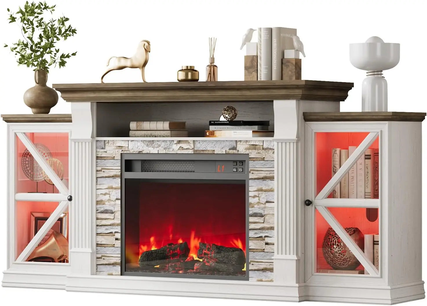 Electric Fireplace TV Stand, 70" Farmhouse Entertainment Center with Open Shelf and Glass Barn Door Cabniet,