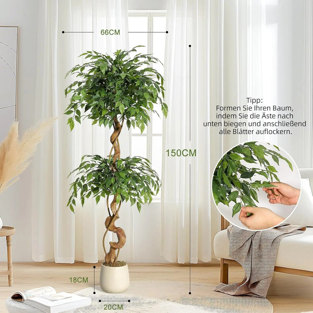 Artificial Ficus Tree 120/150/180cm with White Planter, Large Faux Weeping Fig with Curved Trunk and 1860 Silk Leaves, Lifelike Indoor Plant for Living Room/ Bedroom/ Office Decor, No Maintenance