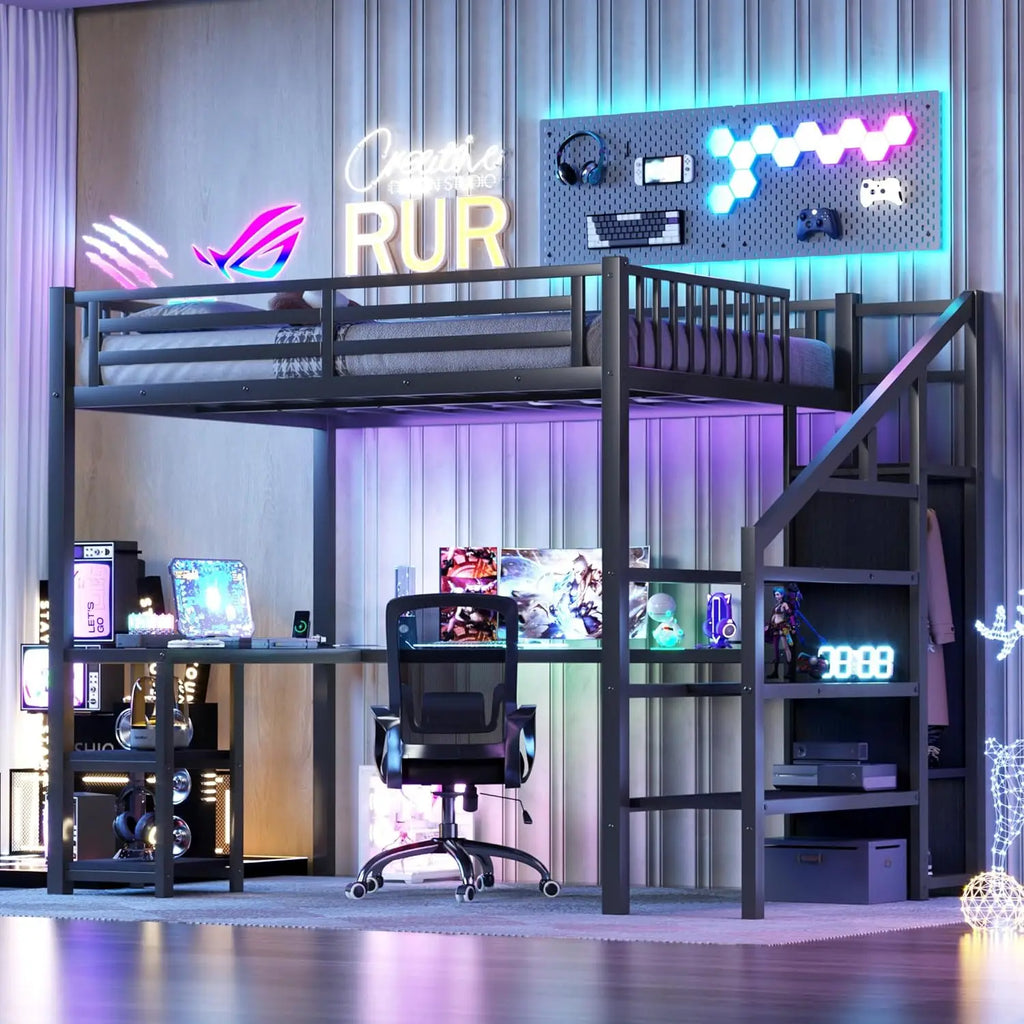 Full Size Gaming Loft Bed with LED Lights, Stairs, Desk & Storage Wardrobe for Adults Kids Teens