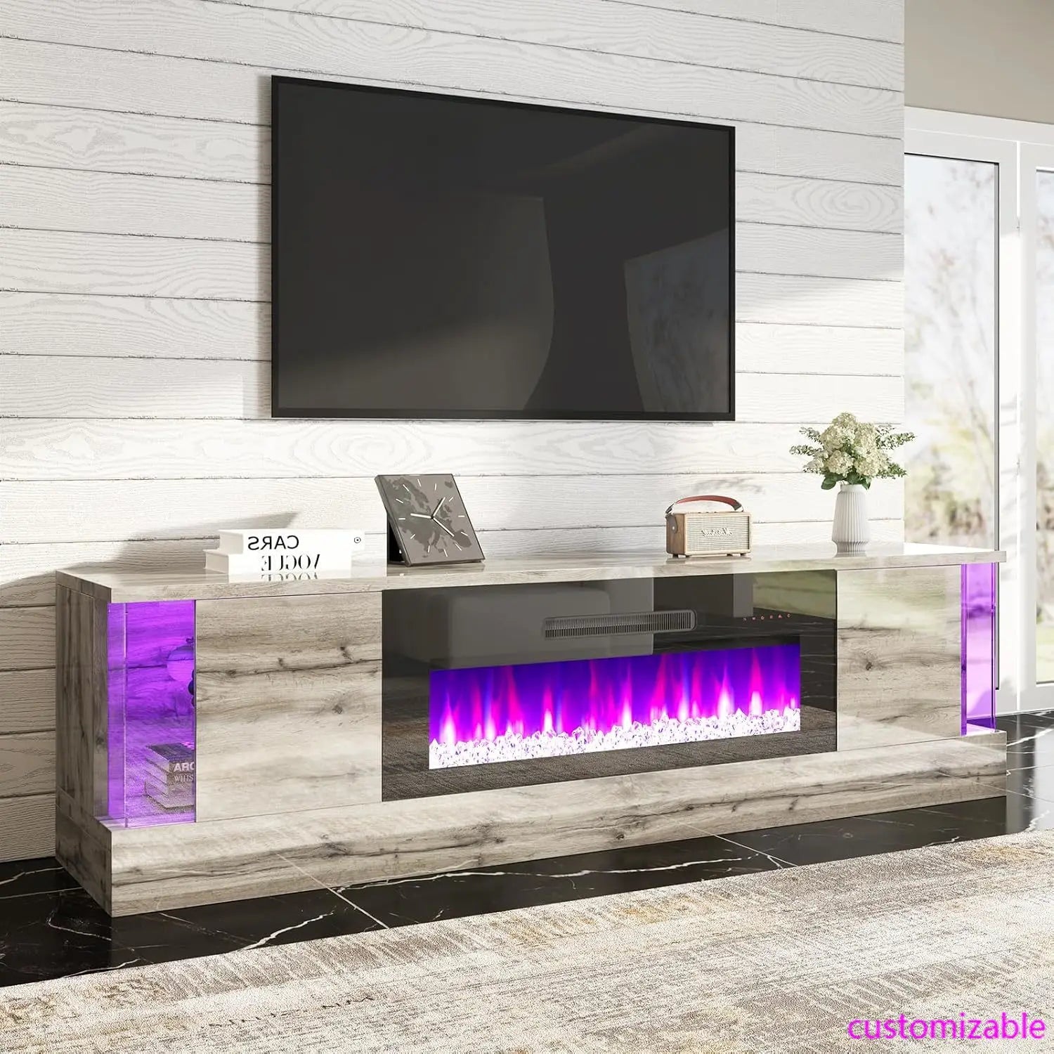 Glossy Oak Fireplace TV Stand with 36" Fireplace, 70" LED Lights Entertainment Center with Flip Doors & Corner Glass Decor