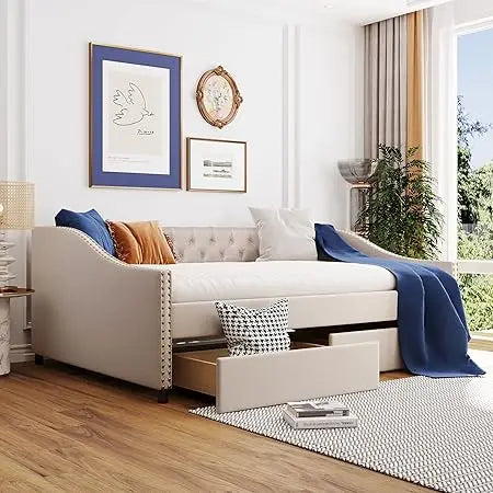 Full Size Linen Daybed with Diamond Tufted Backrest, Armrests, and Two Drawers for Guest and Bedroom Use