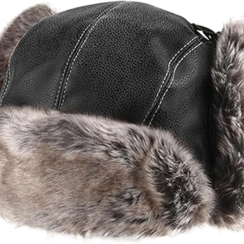 Unisex Aviator Hat Faux Leather Pilot Cap Winter Trapper Hunting Hat/ Windproof Russian Ushanka Thermal Thick Padded Winter Hat