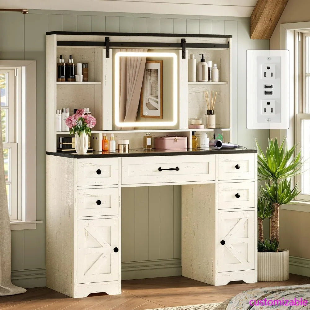 Rustic Farmhouse Style Vanity Desk with Glass Top, Sliding Lighted Mirror, and Built-in Power Outlet