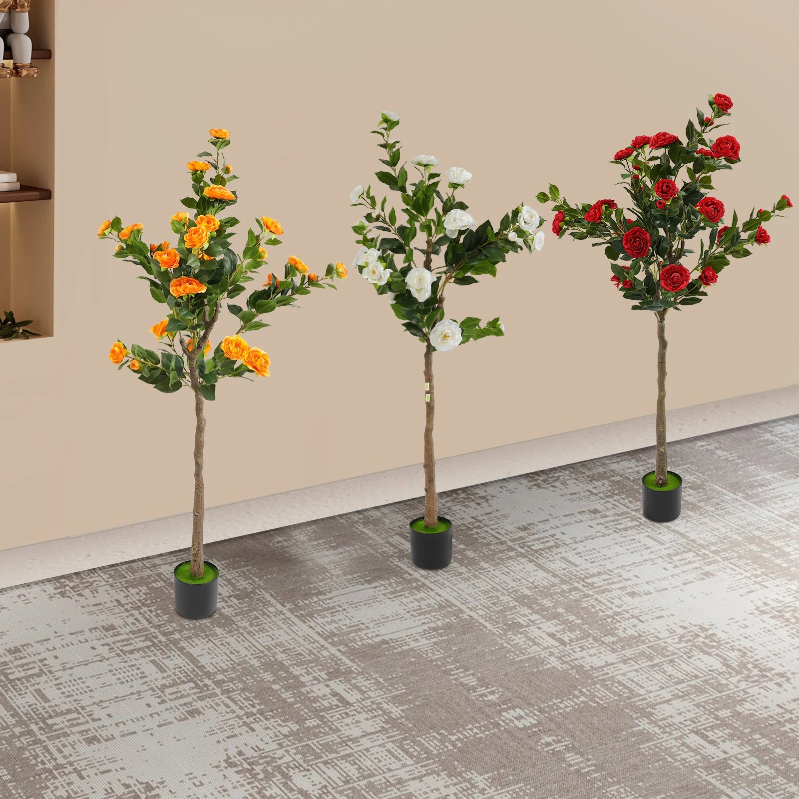 Potted Faux Camellia Plant with Red Flowers, Artificial Camellia Tree, Home Decor, Lifelike Fake Floral Tree for Patio & Office