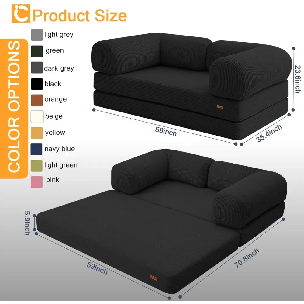 Folding Sofa Bed Queen, 4-in-1 Foldable Floor Couch Convertible Futon Sofa with Armrests Sleeper Mattress Chair/ Bed