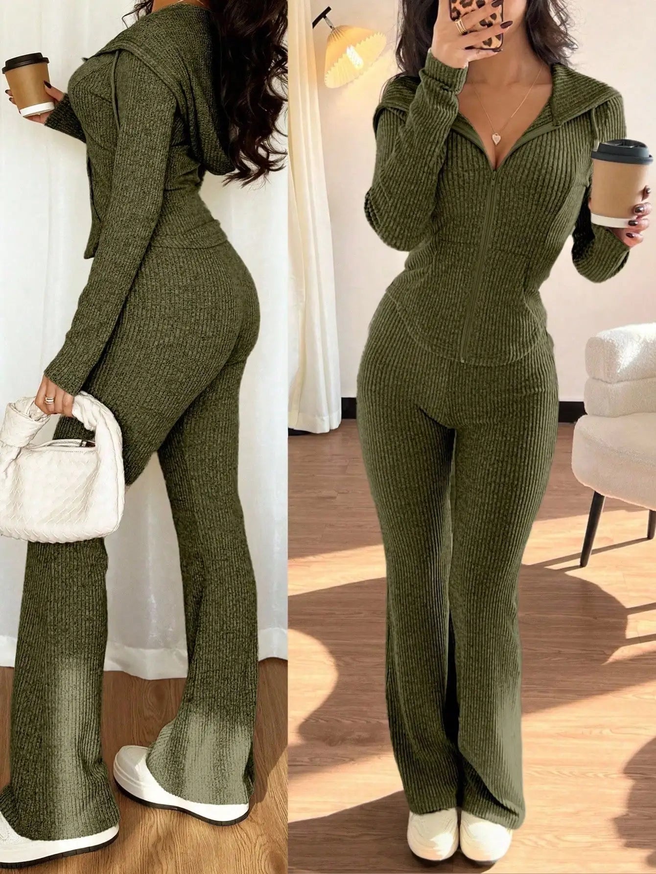 Women's Ribbed Knit Hooded Zip-Up Sweatshirt & Flare Pants/ 2-Piece Set for Autumn/ Winter/ Casual Wear