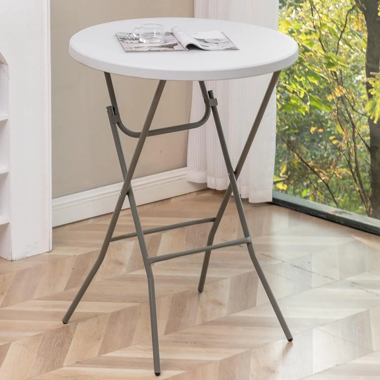 White Granite Plastic Folding Bar Height Table for Commercial, Banquet, Card, and Dining Use