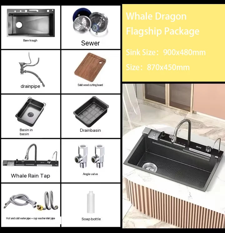 Gold 5mm Waterfall Kitchen Sink/ Honeycomb Technology Large Digital Display Stainless Steel Sink