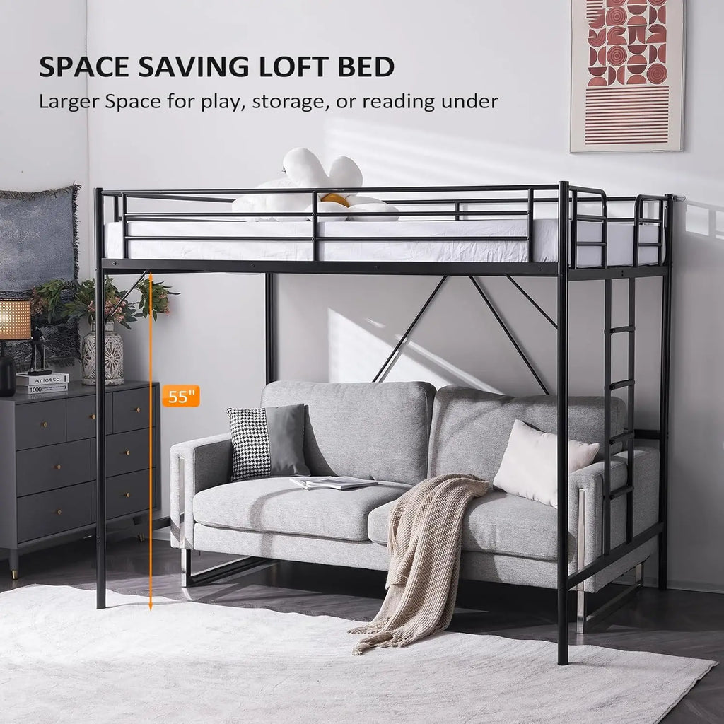 Loft Bed Full Size with Flat Rungs for Adults, Kids and Young Teens, No Box Spring Required,Heavy Duty Metal Slat Support