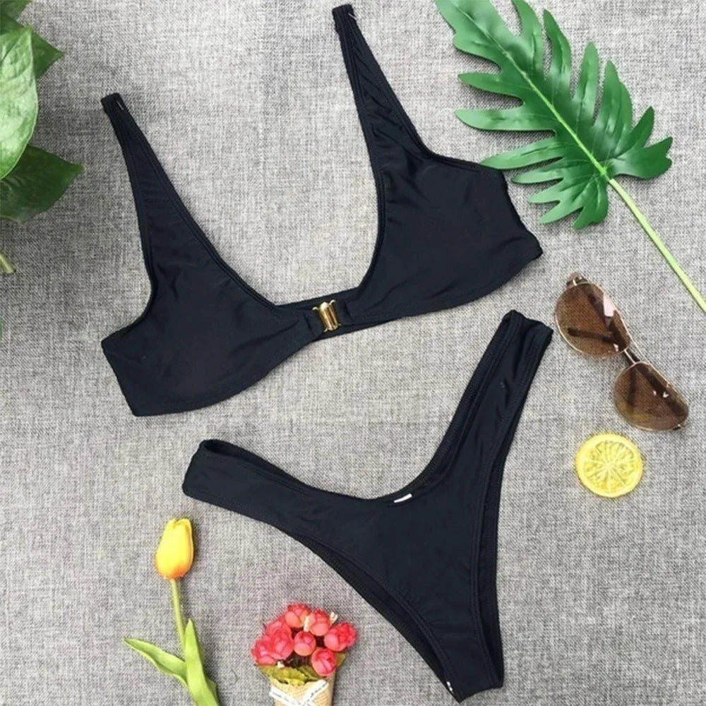 Solid Color Beach Wear/ Push Up/ Low Waist Bathing Suit/ Swimsuit Set Women Bikini /Swimwear