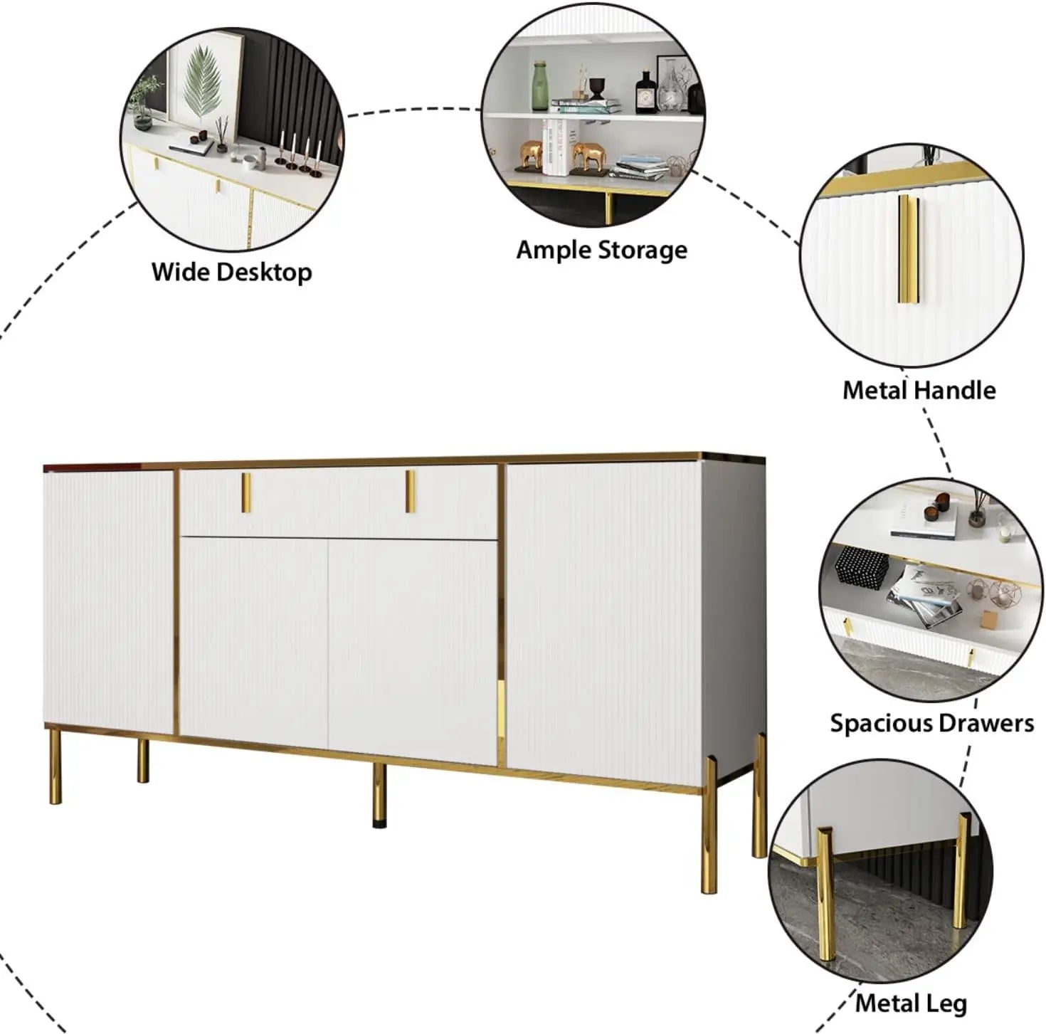 Modern Credenza Sideboard Buffet with Drawer & Pop-Up Doors, Buffet Sideboard Storage Cabinet with Gold Metal Legs
