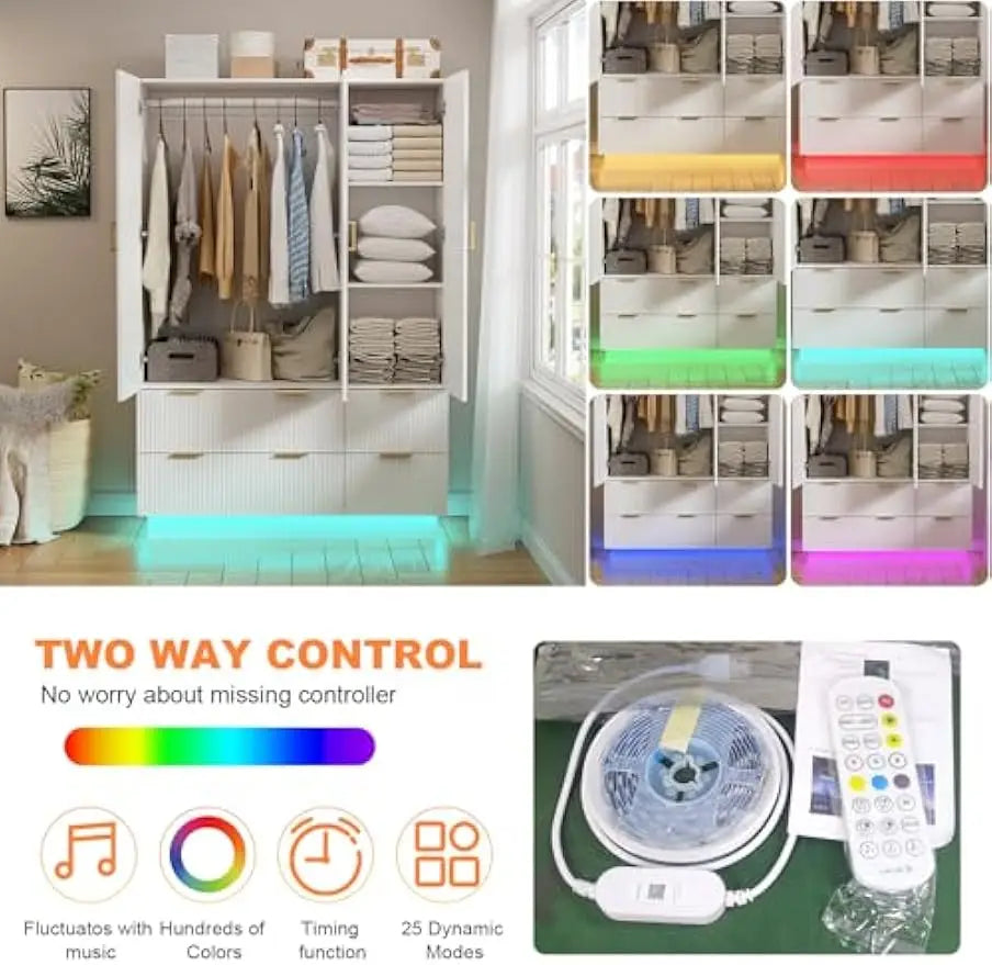 Armoire Wardrobe Closet with 3 Door, with Mirror and LED Lights, Hanging Rod, Drawers