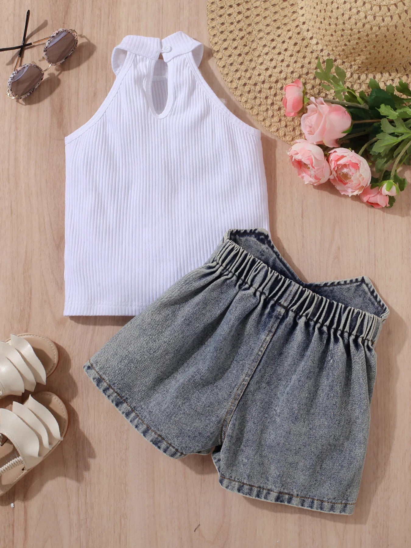 Toddler Girl Fashion Outfits, Solid Color Tank Top & Faux Denim Short Set, Girl Summer/ Spring Outdoor Clothes 2-7T