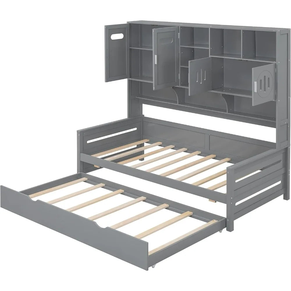 Gray Merax Twin Daybed with Trundle, Bookcase, and Cabinet Shelf Combo