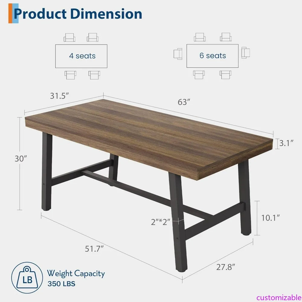 Industrial Style 63 Long Wooden Dining Table for 4-6 Seating with Metal Frame and Natural Wood Finish