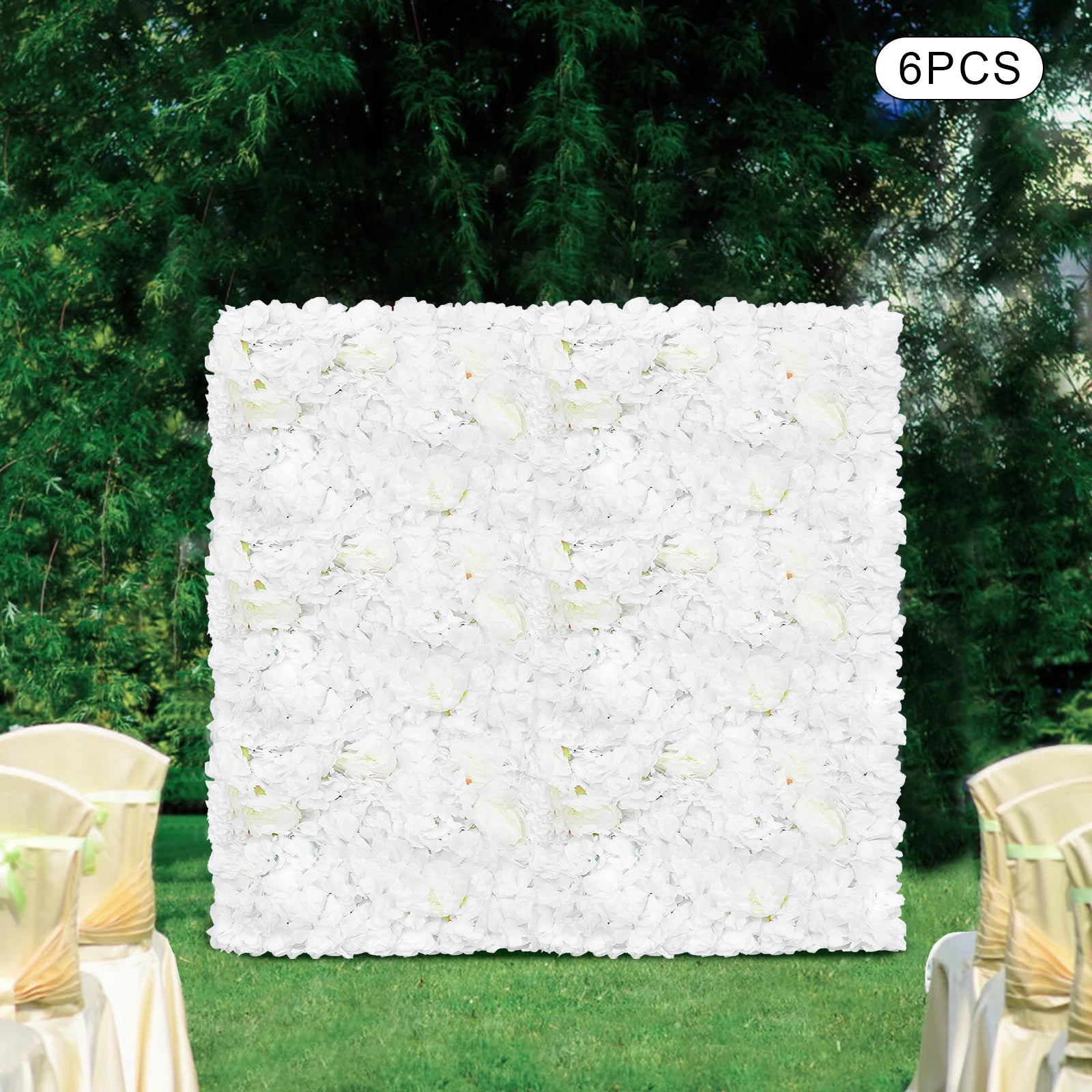 6 Pack Artificial Flower Wall Panels, 60x40cm Large Silk Rose/ Peony /Dahlia/ Hydrangea Flowers for Wedding Backdrop /Home Room Wall Decor, White Fake Floral Grid Panel Set for Indoor Outdoor Fence Privacy Screen Party/ DIY D