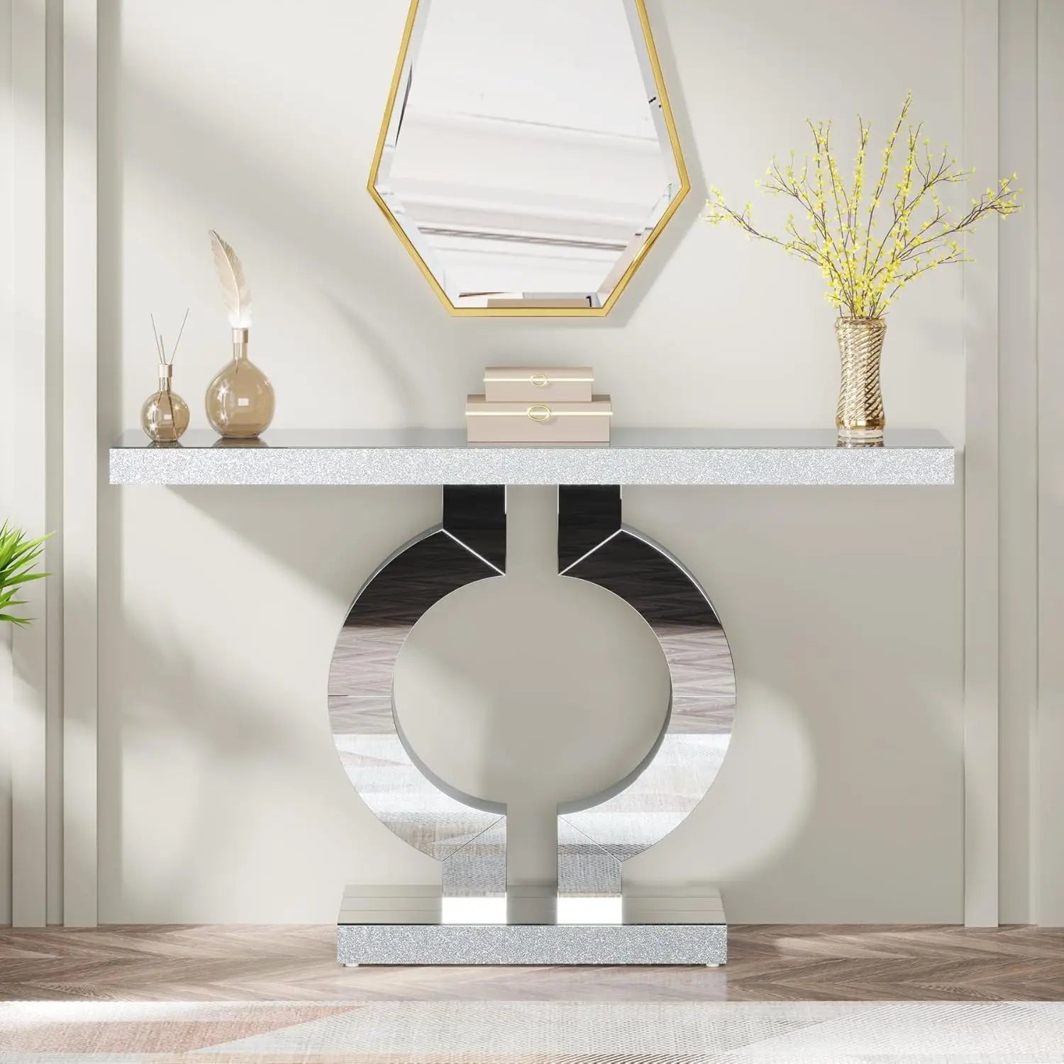 43.3-Inch (110cm) Mirrored Console, Entryway Table with Thickened Mirror Finish Tabletop