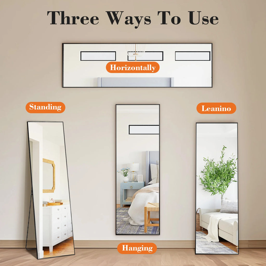 64"x21" Full Body Wall Mirror Standing, Hanging, or Leaning Wall-Mounted Mirrors with Stand Aluminum Alloy Frame/ Living Room