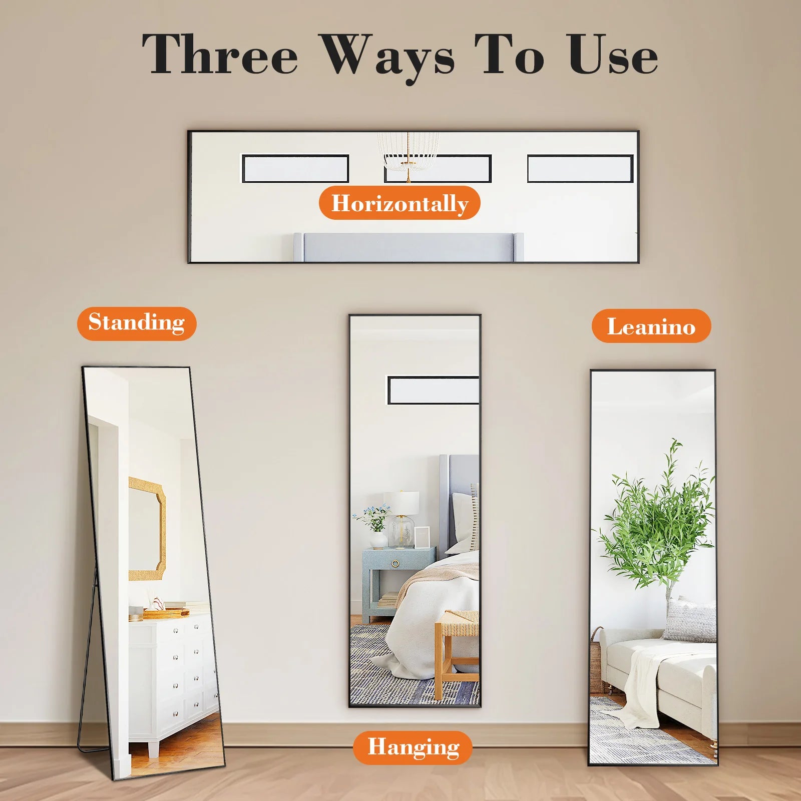 64"x21" Full Body Wall Mirror Standing, Hanging, or Leaning Wall-Mounted Mirrors with Stand Aluminum Alloy Frame/ Living Room