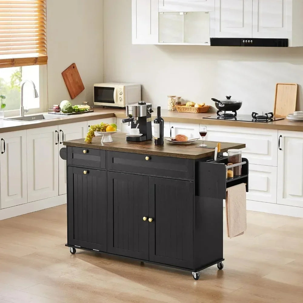 60" Kitchen Island with Power Outlet & Drop Leaf, Kitchen Rolling Island with Spice Rack & Towel Rack, Knife Holder