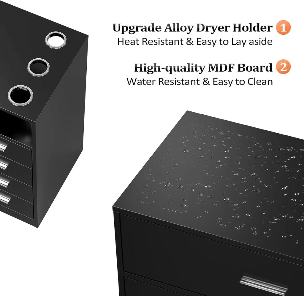 Professional Salon Station with 5 Drawers, Storage Cabinet & Hair Dryer Holders - Heat Resistant, Waterproof for Home & Spa Use