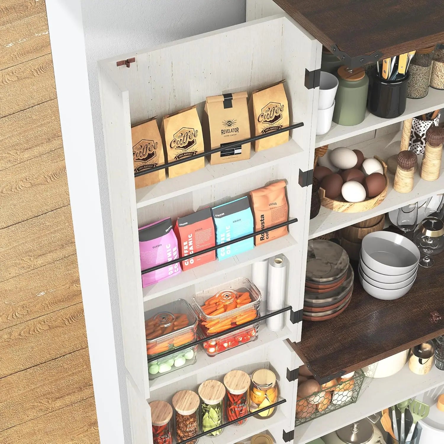 Farmhouse Kitchen Pantry Cabinet, 71" Tall Storage Cabinet with Adjustable Shelves & 4 Barn Doors & Drawer, Rustic Wood