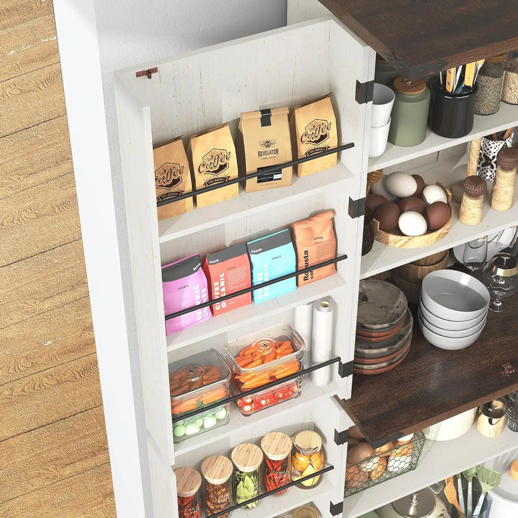 Farmhouse Kitchen Pantry Cabinet, 71" Tall Storage Cabinet with Adjustable Shelves & 4 Barn Doors & Drawer, Rustic Wood