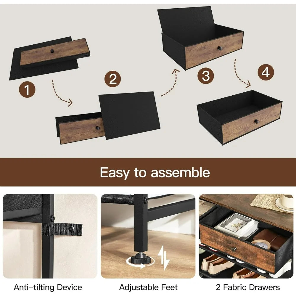 4-Tier Metal Shoe Rack with 2 Drawers and 3 Fabric Shelves for 12-15 Pairs Shoe Storage Organizer