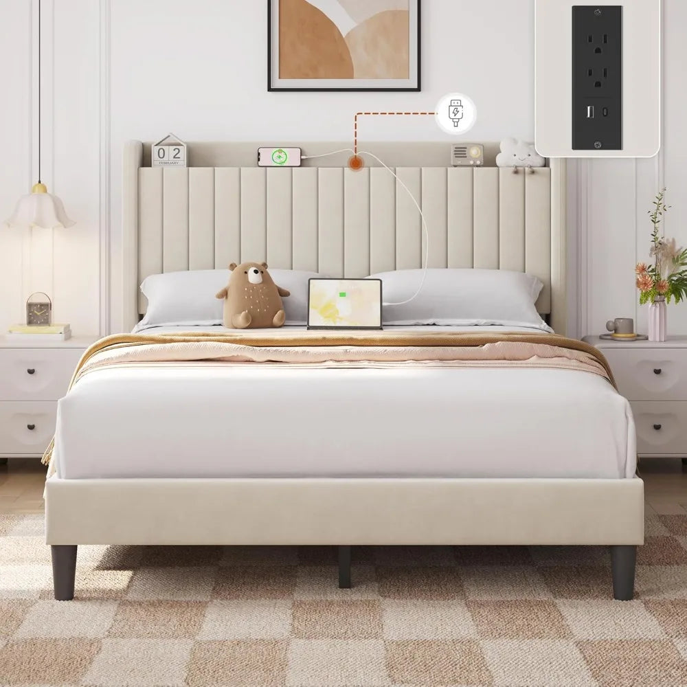Queen Bed Frame with USB Charging Station and Storage Shelf/Upholstered Headboard Platform Bed with Wing Side/Wooden Slats