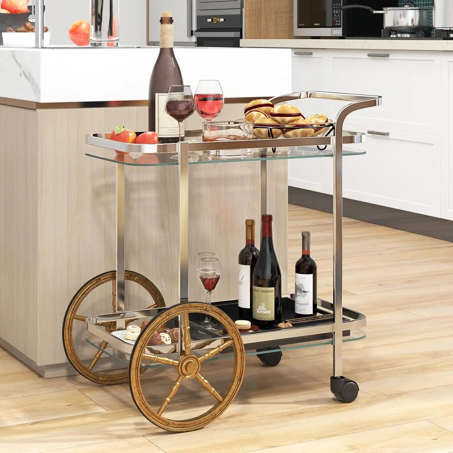 Bar Cart for The Home, 2-Tier Rolling Tempered Glass Serving Cart, 2 Large Gold Aluminum Wheels, Stainless Steel Frame