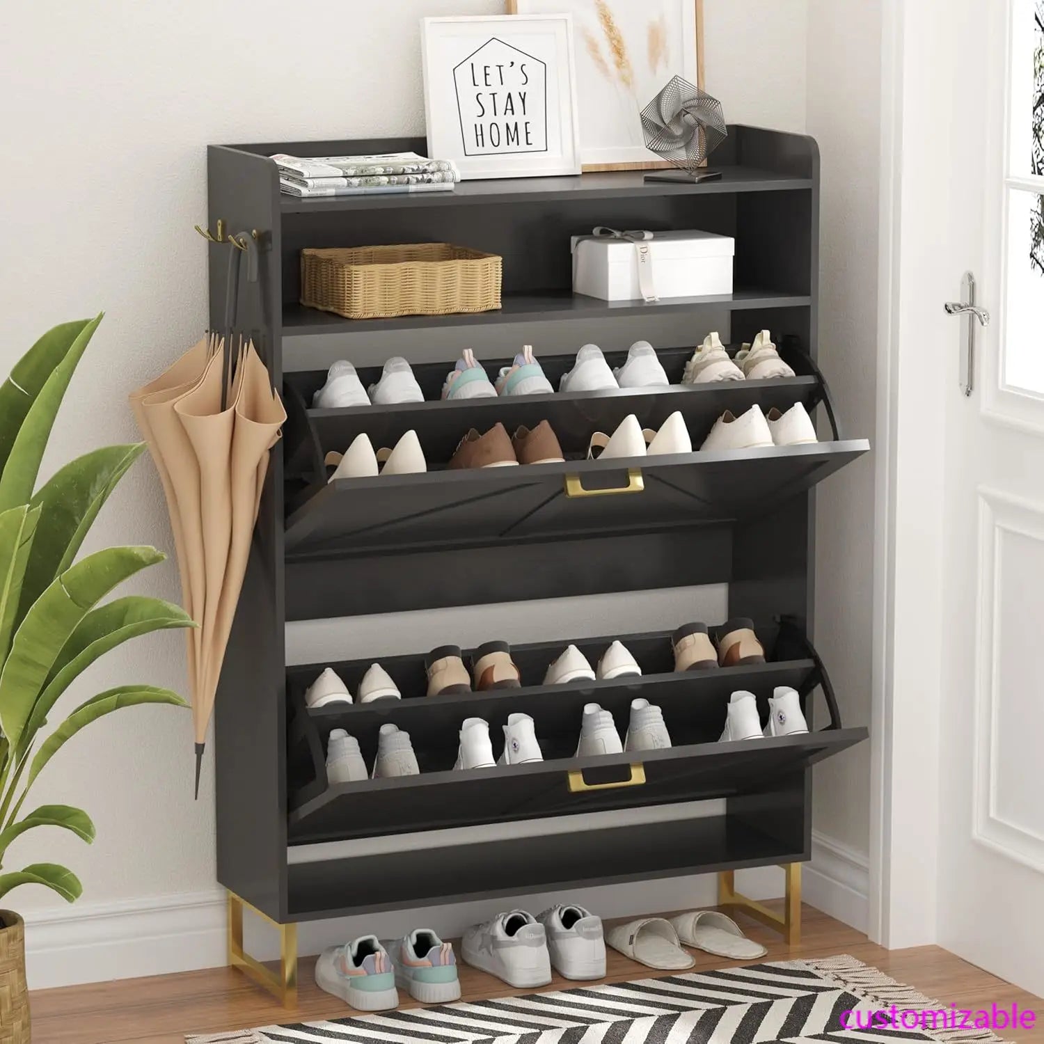 Shoe Cabinet with 2 Flip Drawers, Freestanding Hidden Shoe Storage Organizer, Shoe Rack Cabinet with Open Storage & Hooks