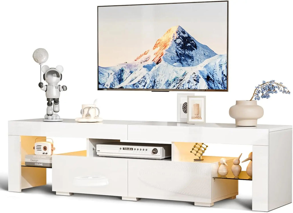 63'' High Glossy Modern Entertainment Center with LED Lights and Storage for 55/60/65/70 Inch TV (White, 63'' x 14'' x 18'')