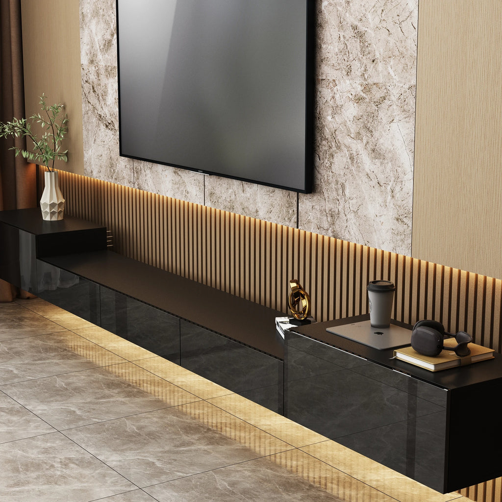 110.2'' L Modern TV Stand with Drawers & LED Lights, Wall-Mounted Media TV Console With Glossy Surface, Black