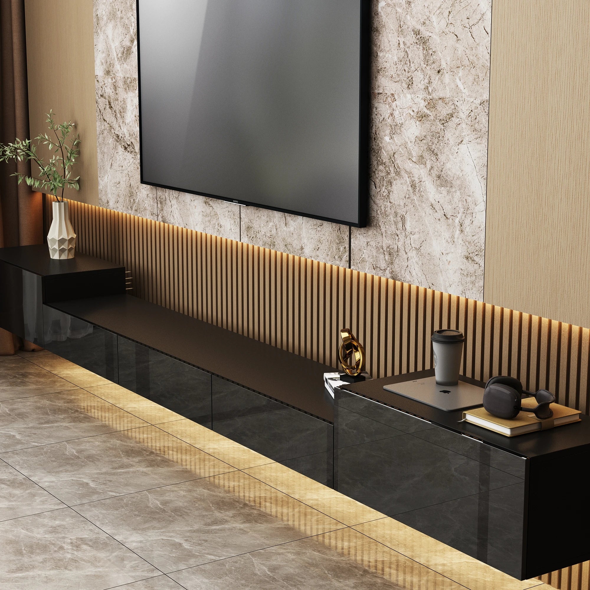 110.2'' L Modern TV Stand with Drawers & LED Lights, Wall-Mounted Media TV Console With Glossy Surface, Black