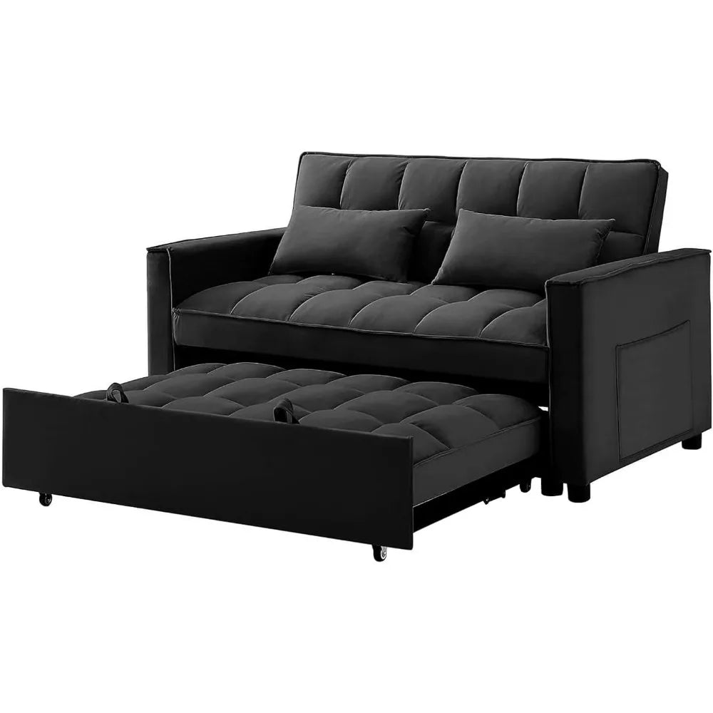 55.3 Inch 3-in-1 Velvet Futon Bed and Loveseat, Convertible Sleeper Sofa with Pillows and Pockets for Living Rooms and Apartment