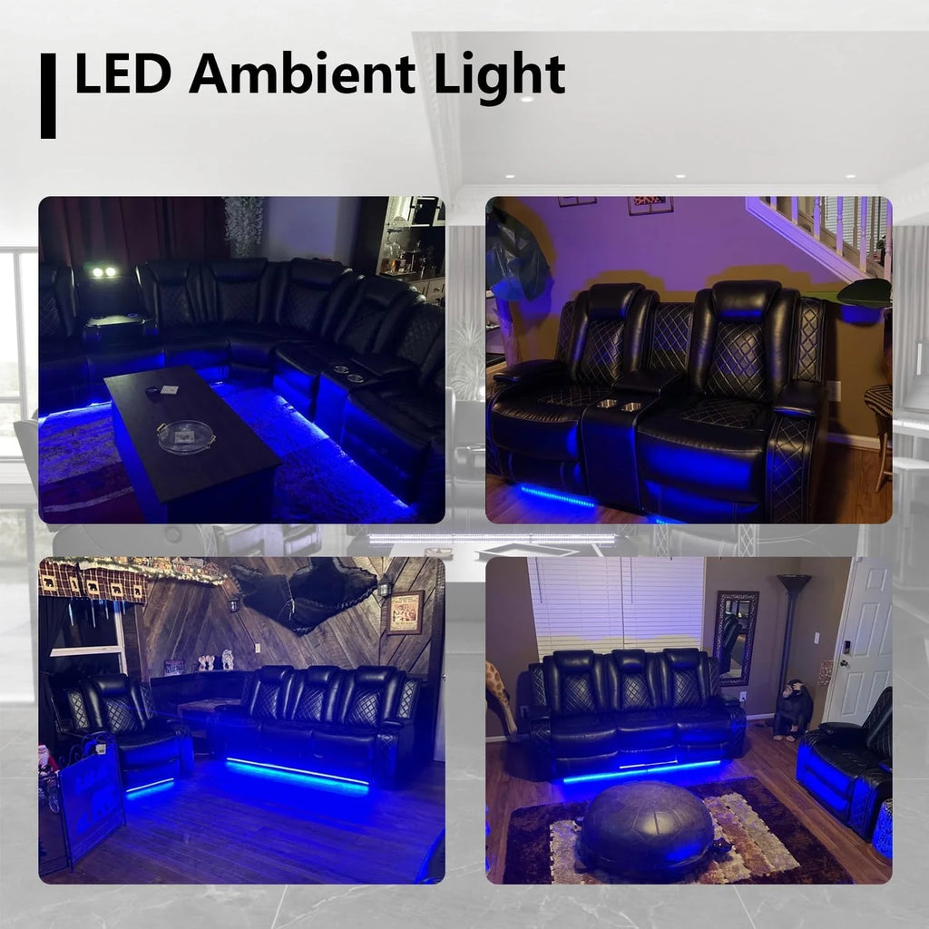 Power Recliner Sofa Set with LED Light for Living Room Furniture Black Leather 3 Seater Sofa
