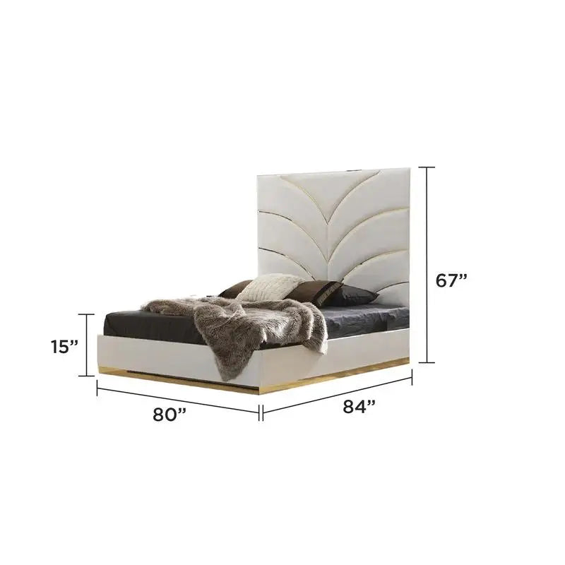 King Upholstered Bed Set, 6 Pieces with Gold Detailing, White Wood Finish