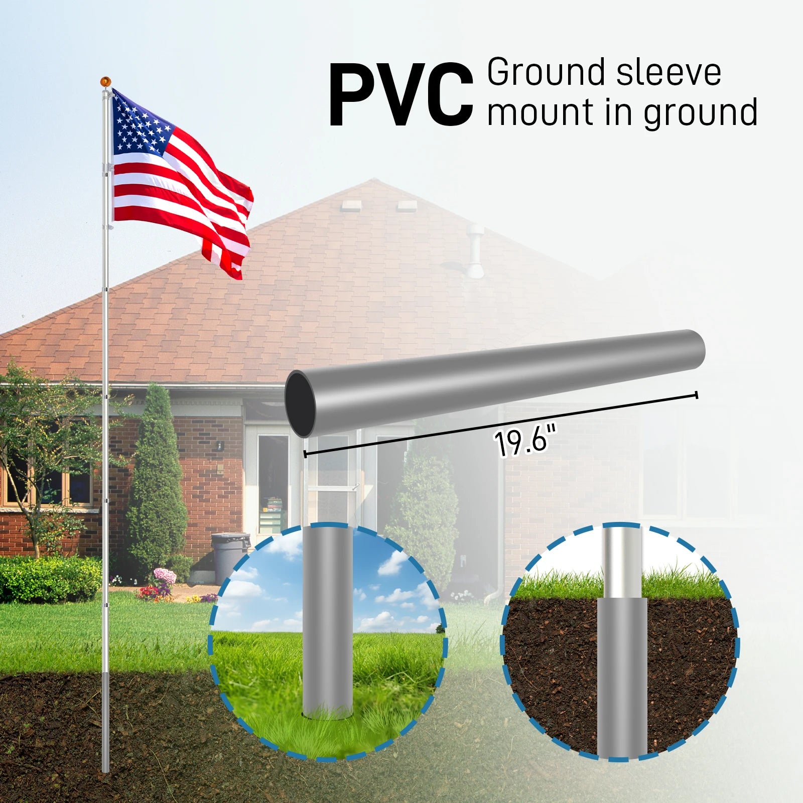 Telescopic Flag Pole Kit, 20FT Height Adjustable/ Heavy Duty Aluminum Flagpoles with 5x3 US Flag & Golden Ball Topper for Yard/ House Ground Residential Commercial