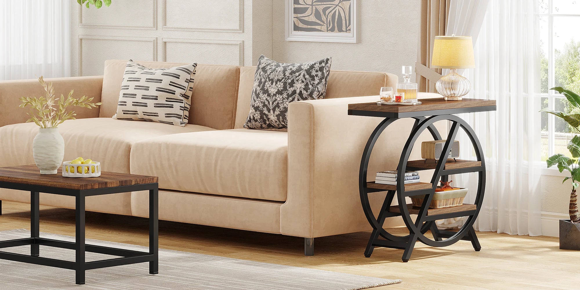 Tribesigns End Table for Living Room, 3-Tier Narrow Side Table with Storage, Wood Sofa Side Table with Geometric Metal Frame